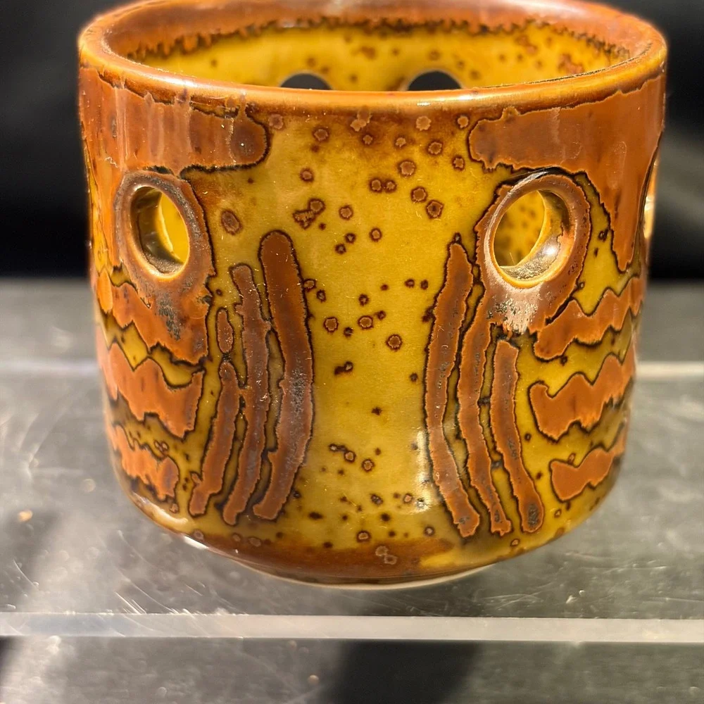 Vintage Ceramic Face Tea Light Candle Holder Speckled Brown Yellow Glaze